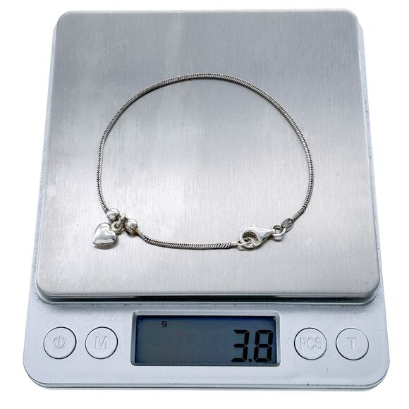 Vintage Italian Sterling Silver 925 Snake Chain Bracelet with Heart Charm 7.75" - Picture 4 of 5